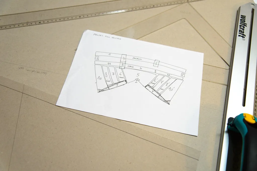 Croquis pour préparer les panneaux et la numérotation pour retrouver aisément les panneaux une fois découpés