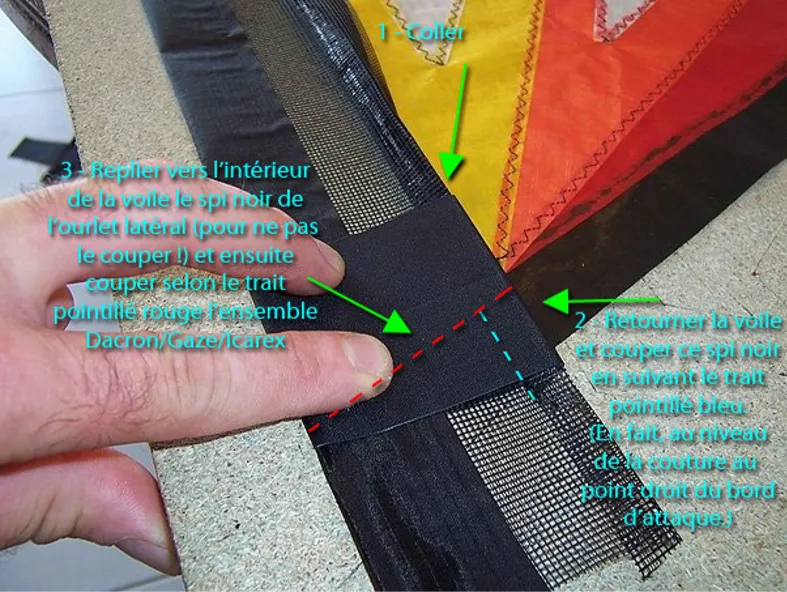 Coller le bas du renfort avec la voile.